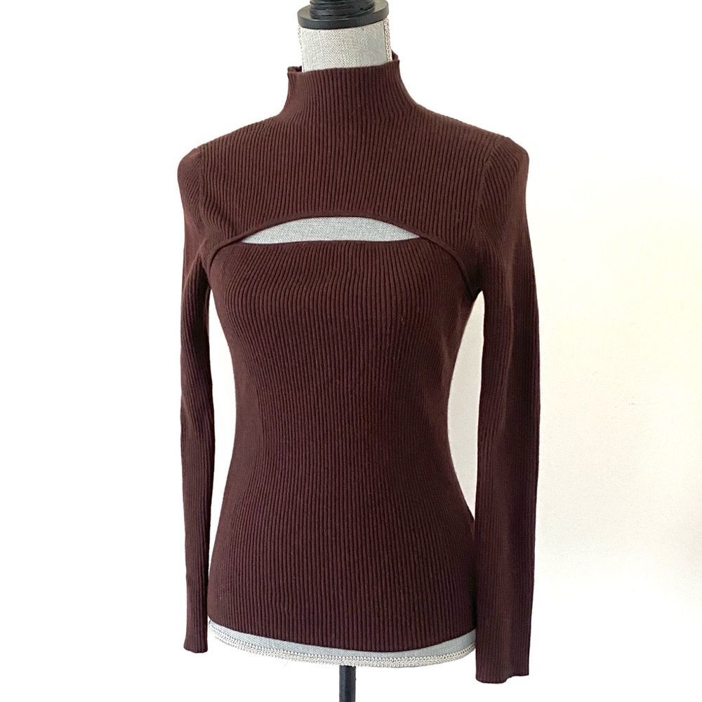 Joe's Jeans Chocolate Brown Wool Knit Turtleneck Sweater Sz L Fitted Sexy Chic